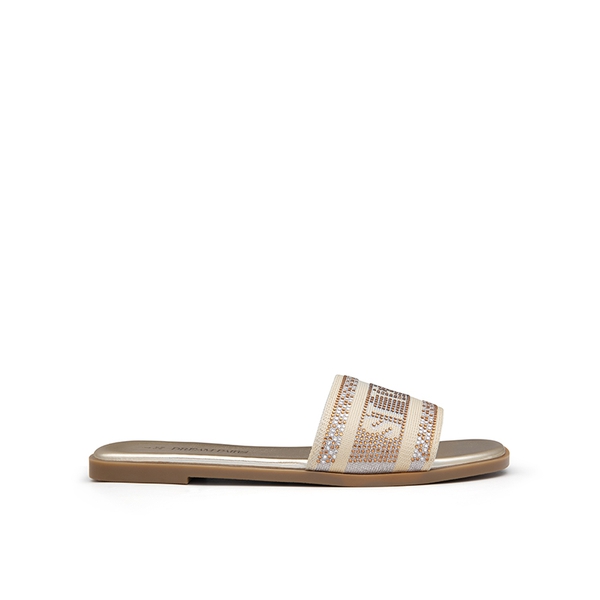 Square Toe Flat Slide Sandals - GOLD-RHINESTONE - 3